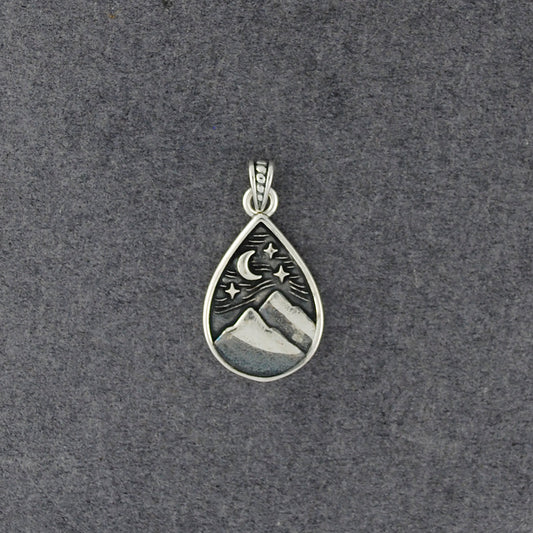Sterling Silver Mountains & Moon Teardrop Pendant