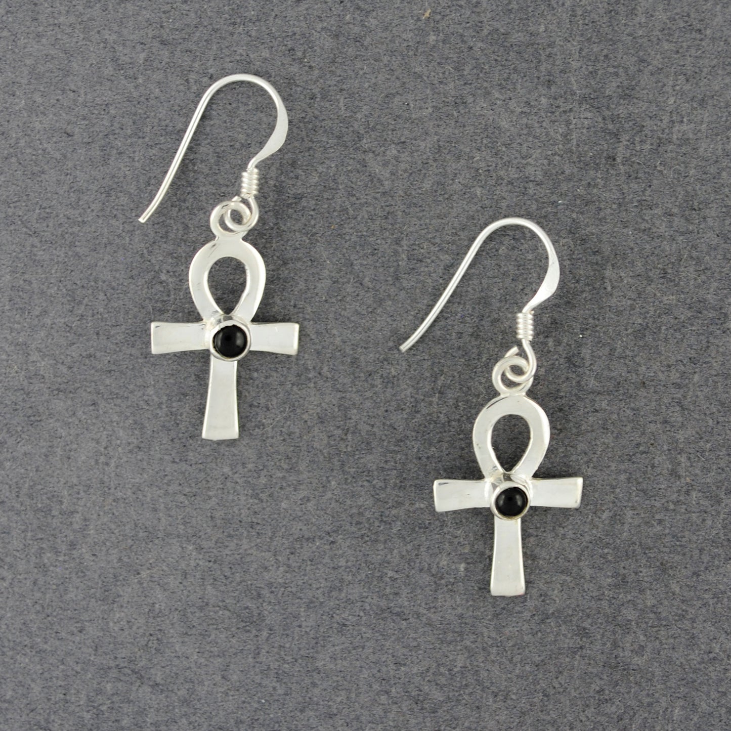 Sterling Silver Onyx Ankh Earrings