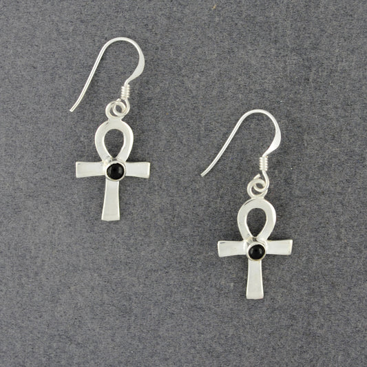 Sterling Silver Onyx Ankh Earrings