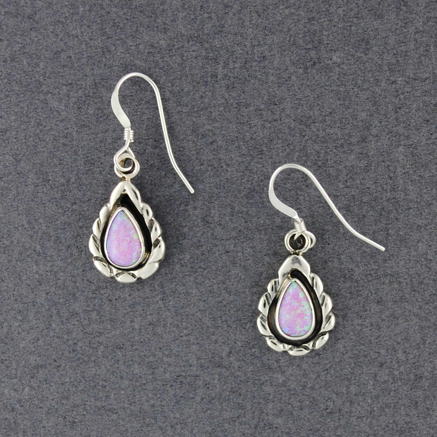 Sterling Silver Pink Opal Carved Teardrop Earrings