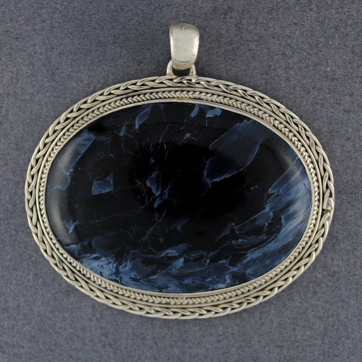 Sterling Silver Jumbo Pietersite Oval with Woven Bezel Pendant