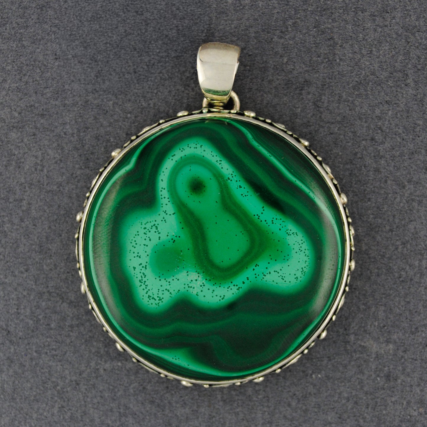 Sterling Silver Malachite Circle with Fancy Bezel Pendant