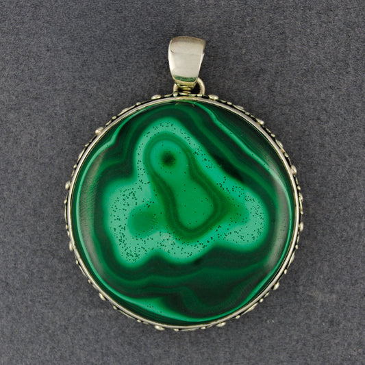 Sterling Silver Malachite Circle with Fancy Bezel Pendant