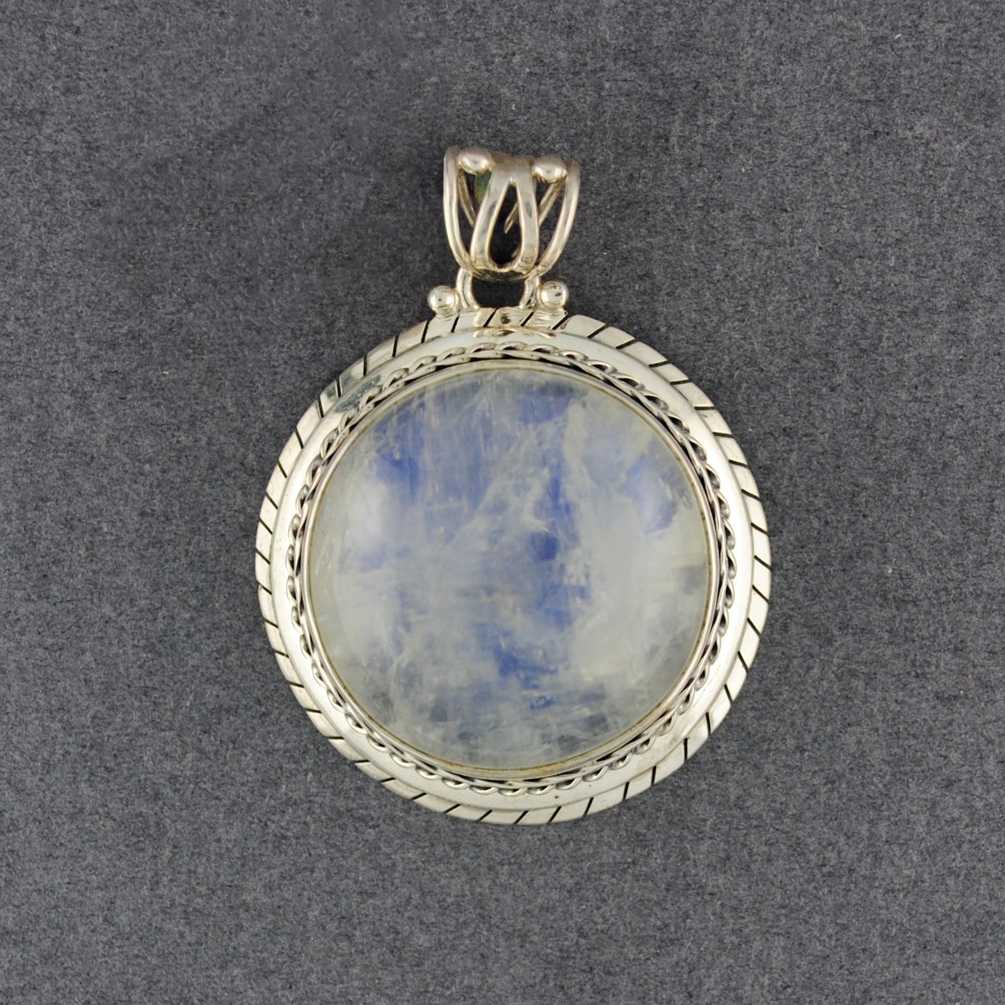 Sterling Silver Fancy Rainbow Moonstone Circle Pendant