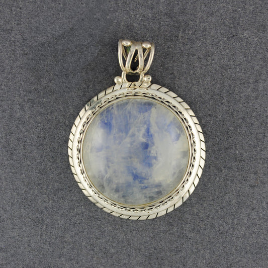 Sterling Silver Fancy Rainbow Moonstone Circle Pendant