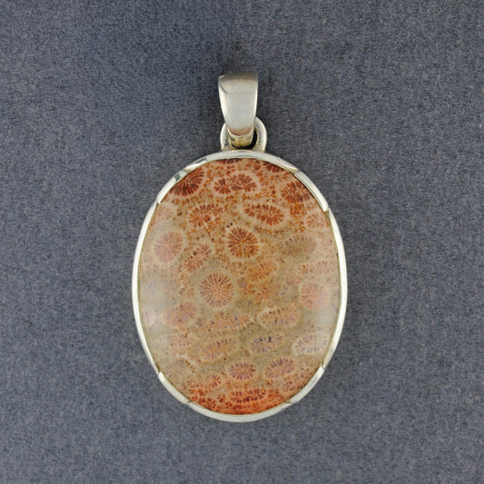 Sterling Silver Fozzilized Coral Large Oval Pendant