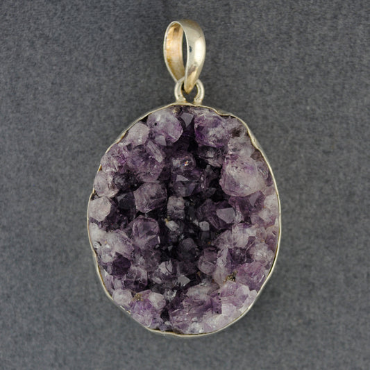 Sterling Silver Amethyst Druzy Large Oval Pendant