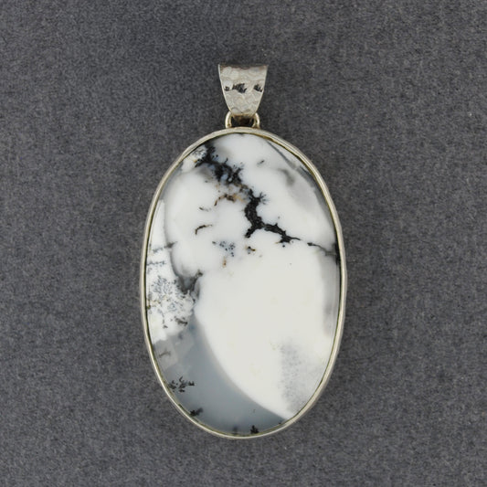 Sterling Silver Denderite Agate Hammered Oval Pendant