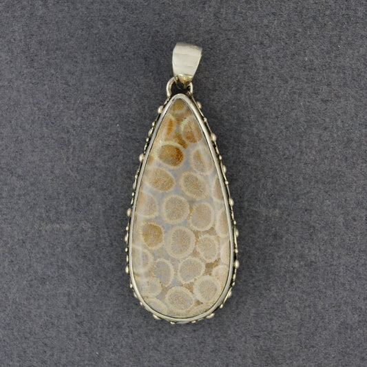 Sterling Silver Fossilized Coral Long Teardrop Pendant