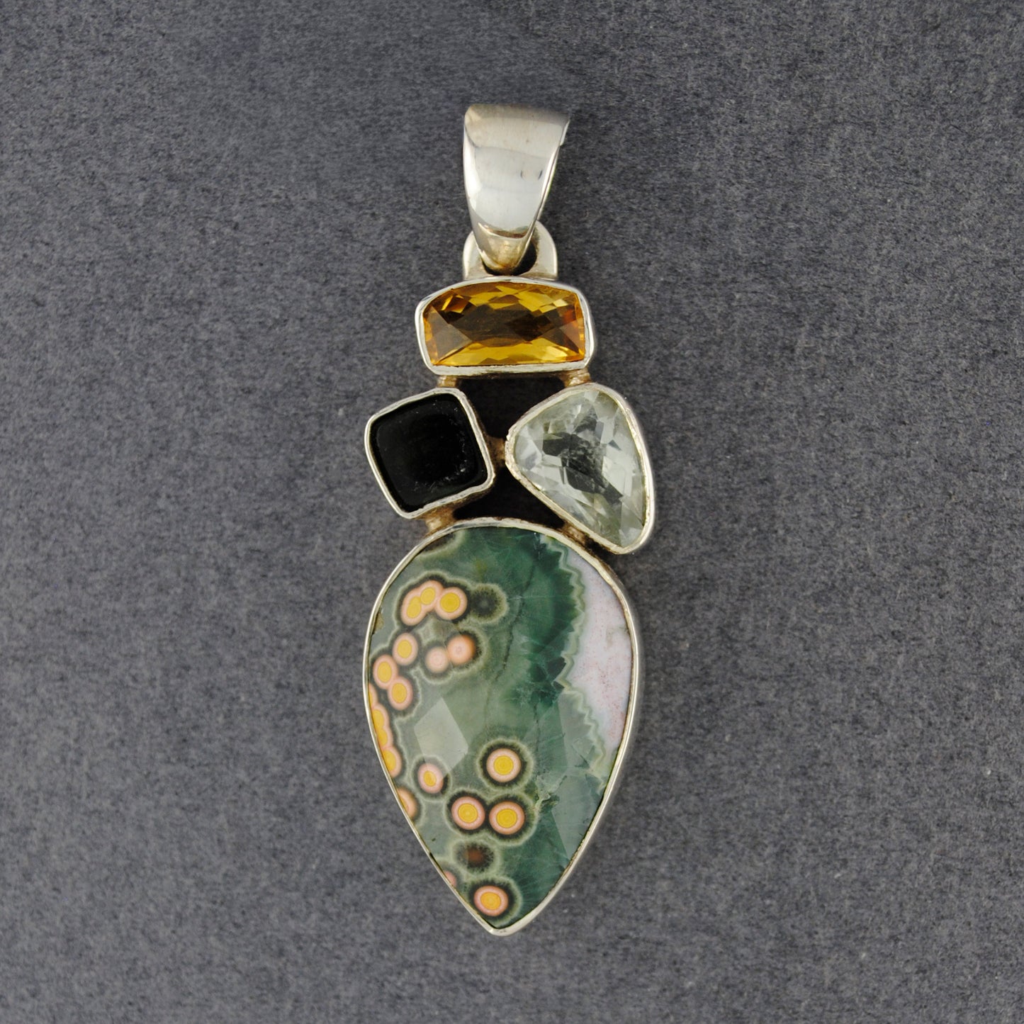 Sterling Silver Ocean Jasper, Citrine, Tourmaline and Green Amethyst Pendant