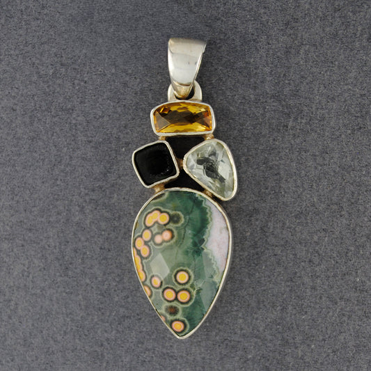 Sterling Silver Ocean Jasper, Citrine, Tourmaline and Green Amethyst Pendant