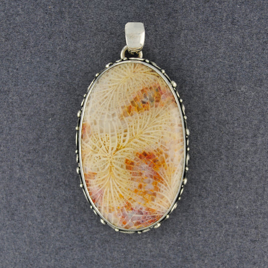 Sterling Silver Fossilized Coral Fancy Oval Pendant