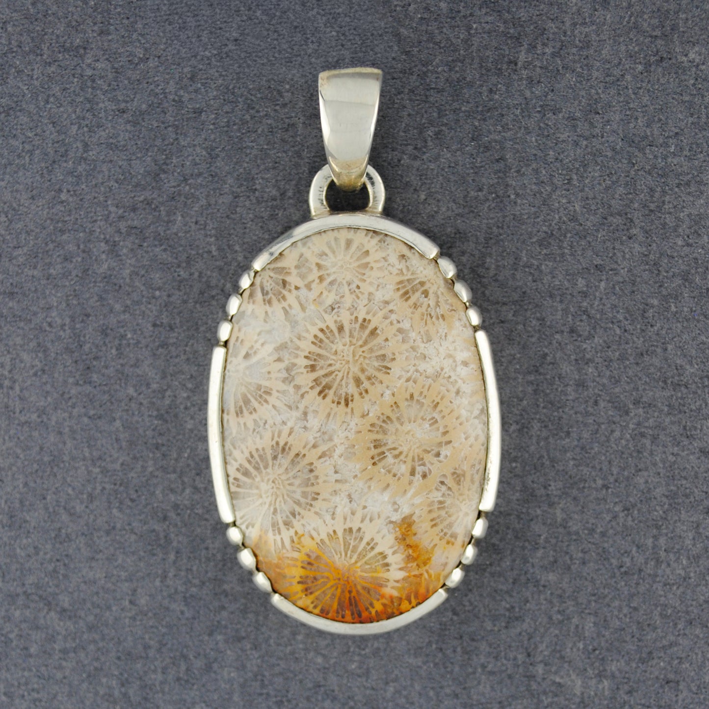 Sterling Silver Fossilized Coral Notched Oval Pendant