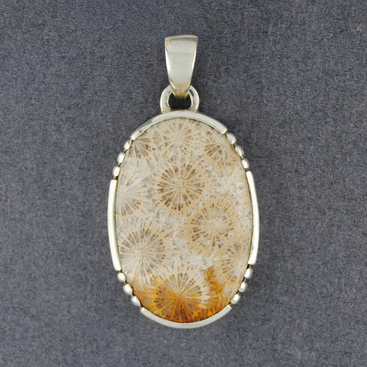 Sterling Silver Fossilized Coral Notched Oval Pendant