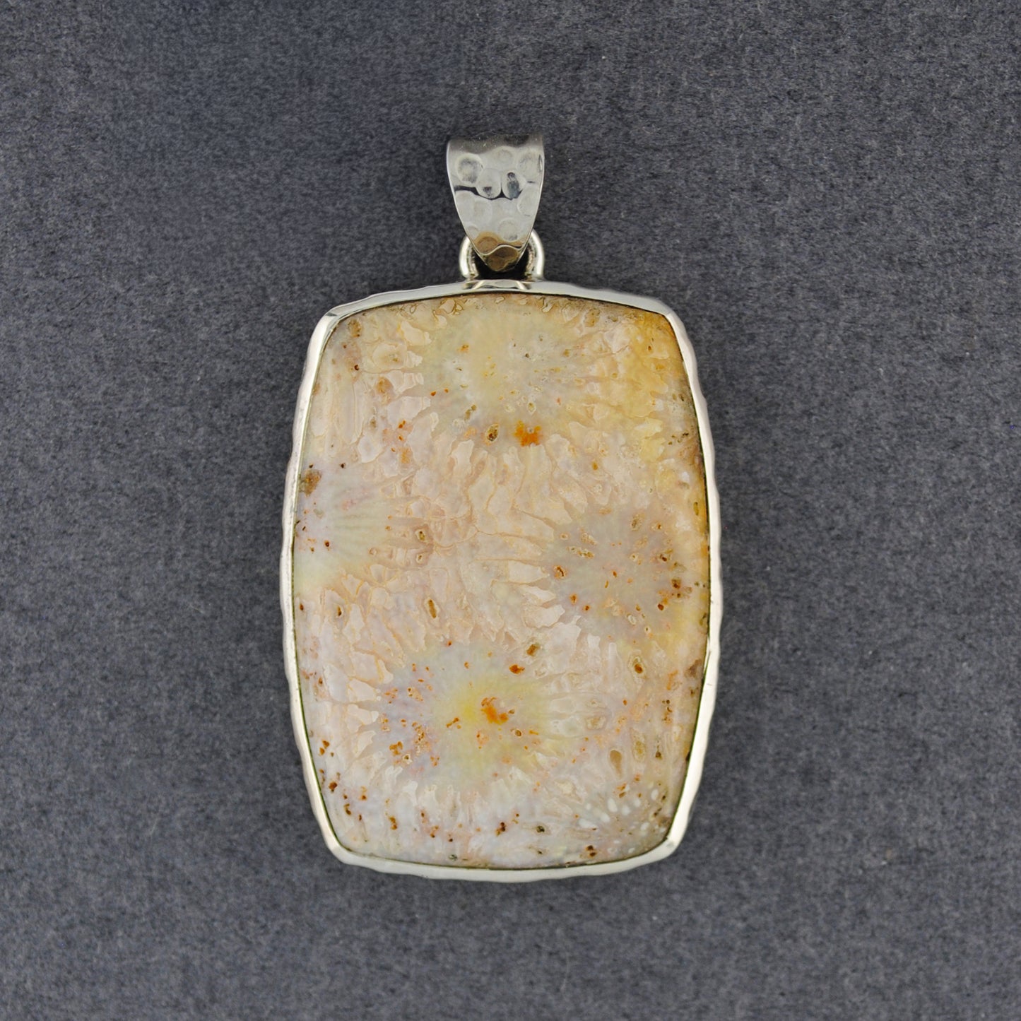 Sterling Silver Fossilized Coral Hammered Rectangle Pendant