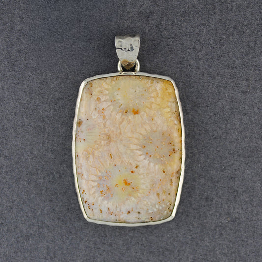 Sterling Silver Fossilized Coral Hammered Rectangle Pendant