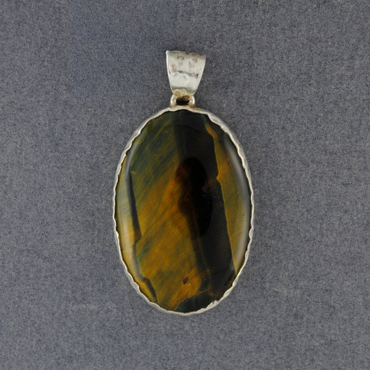 Sterling Silver Tiger's Eye Hammered Oval Pendant