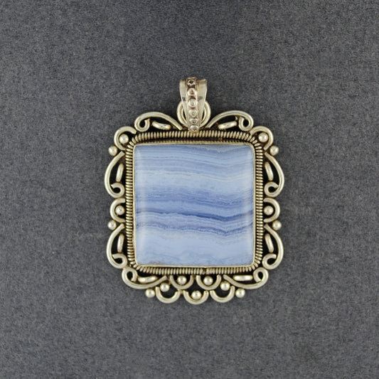 Sterling Silver Blue Lace Agate Fancy Square Pendant