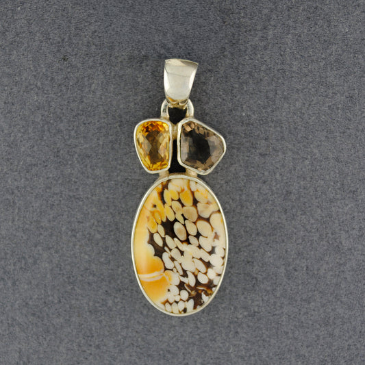 Sterling Silver Peanut Wood, Citrine and Smoky Quartz Pendant