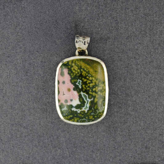 Sterling Silver Ocean Jasper Small Hammered Rectangle Pendant