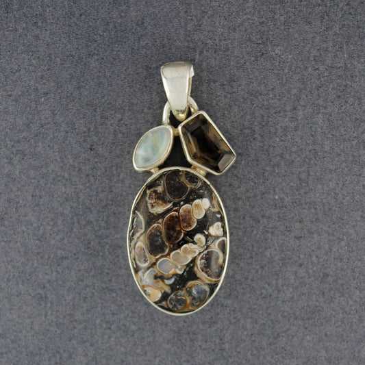 Sterling Silver Turritella, Rainbow Moonstone and Smoky Quartz Pendant
