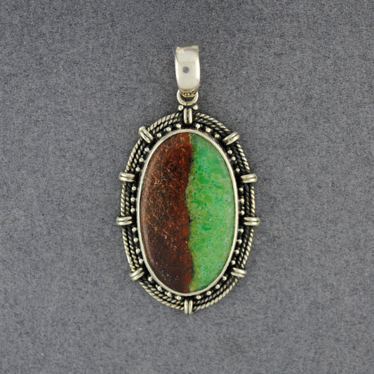 Sterling Silver Boulder Chrysoprase Antiqued Oval Pendant