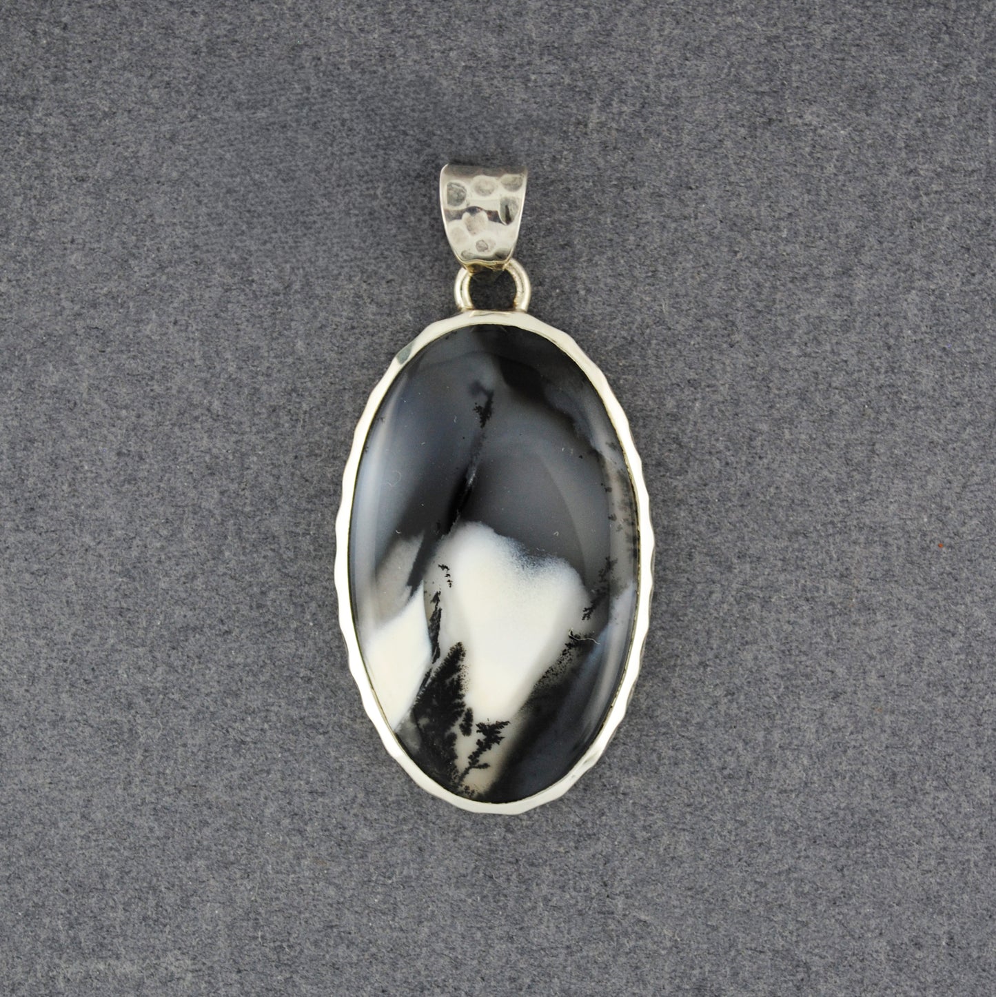 Sterling Silver Dendrite Agate Dark Hammered Oval Pendant