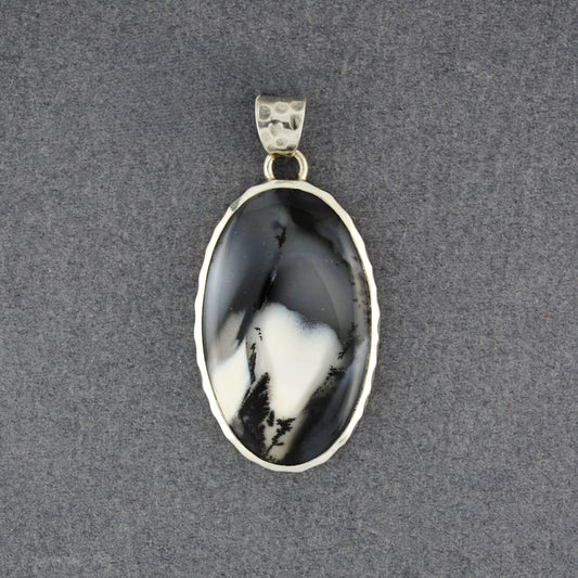 Sterling Silver Dendrite Agate Dark Hammered Oval Pendant