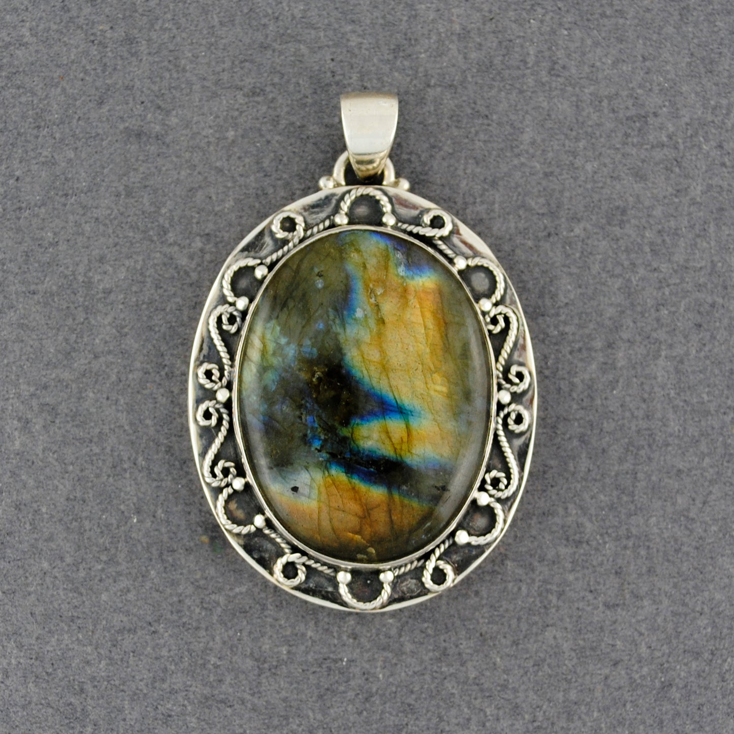 Sterling Silver Medium Oval Labradorite Antiqued Scroll Pendant