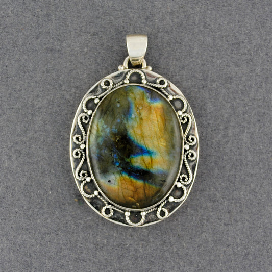 Sterling Silver Medium Oval Labradorite Antiqued Scroll Pendant