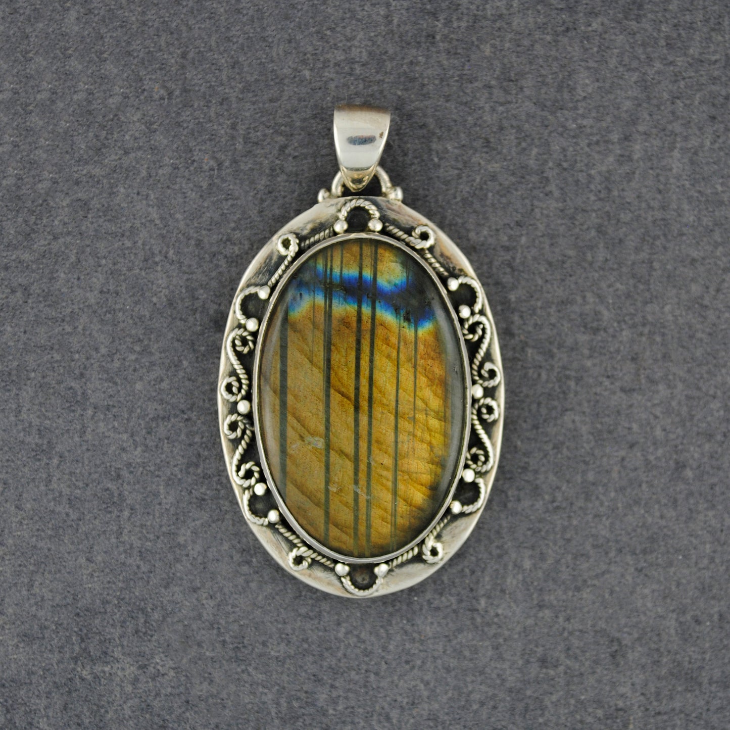 Sterling Silver Small Oval Labradorite Antiqued Scroll Pendant