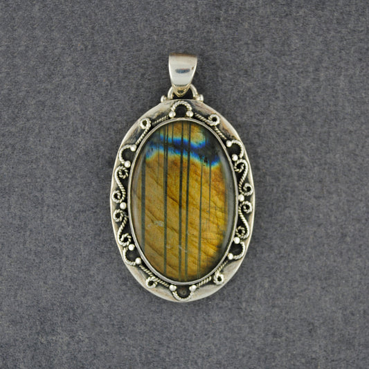 Sterling Silver Small Oval Labradorite Antiqued Scroll Pendant