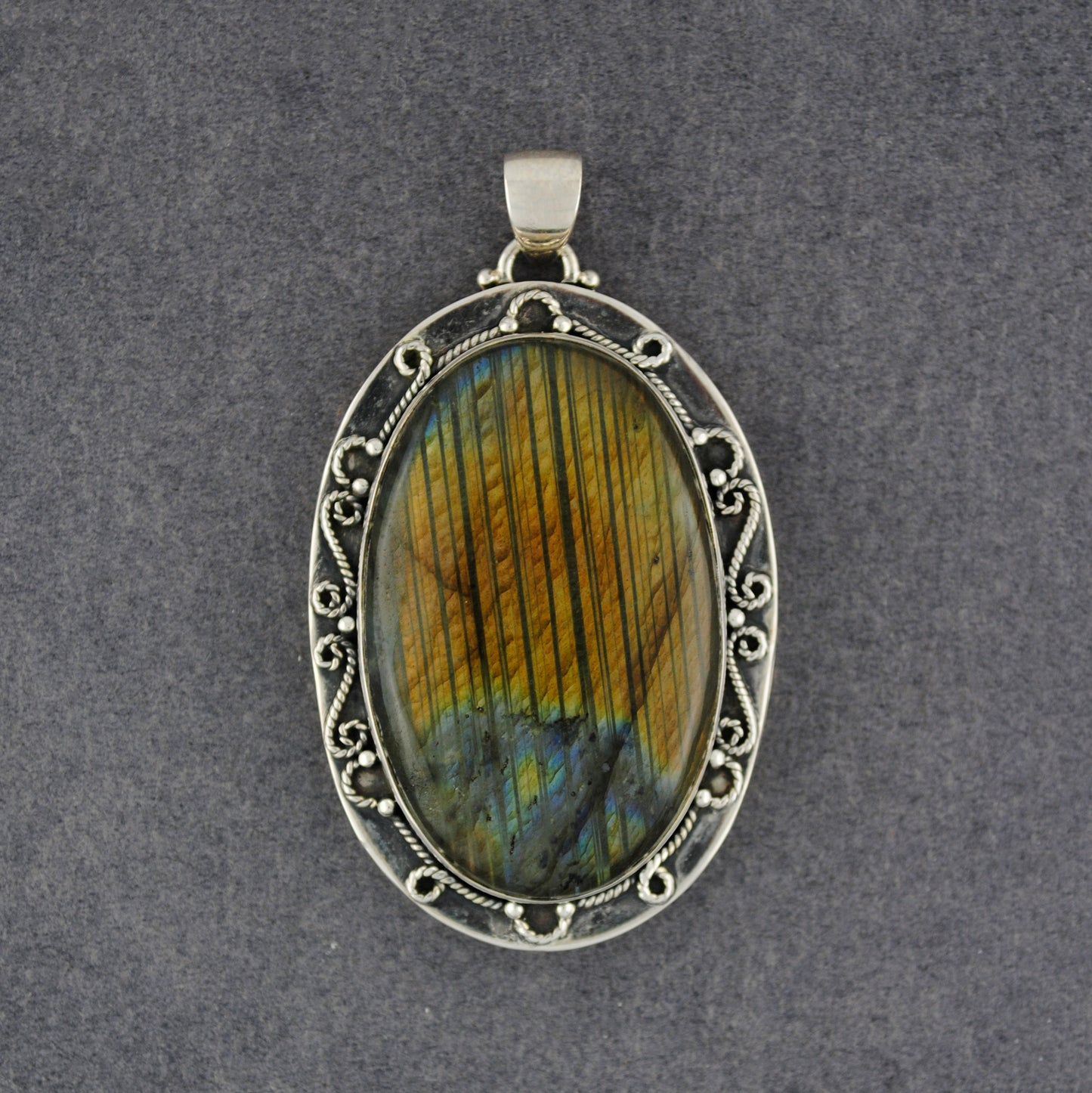 Sterling Silver Extra Large Oval Labradorite Antiqued Scroll Pendant