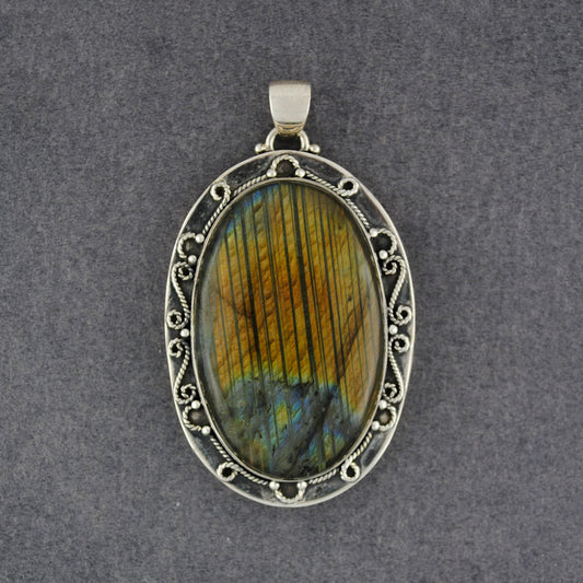 Sterling Silver Extra Large Oval Labradorite Antiqued Scroll Pendant