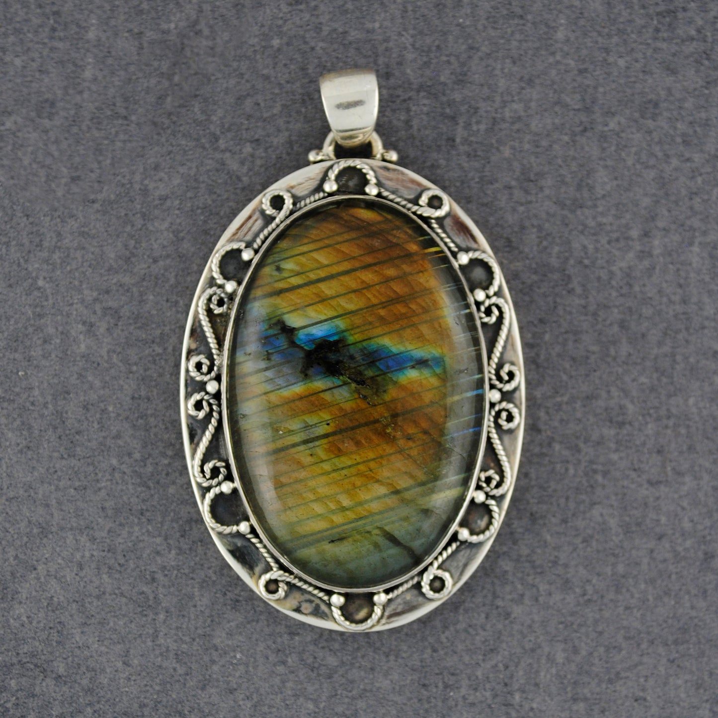 Sterling Silver Large Oval Labradorite Antiqued Scroll Pendant