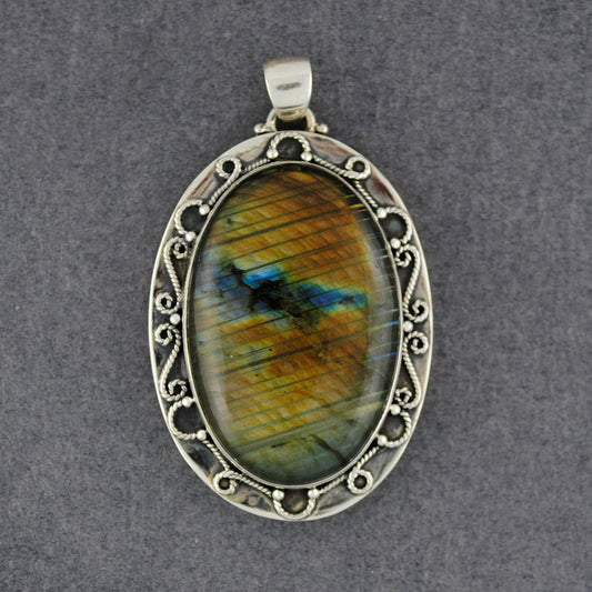 Sterling Silver Large Oval Labradorite Antiqued Scroll Pendant