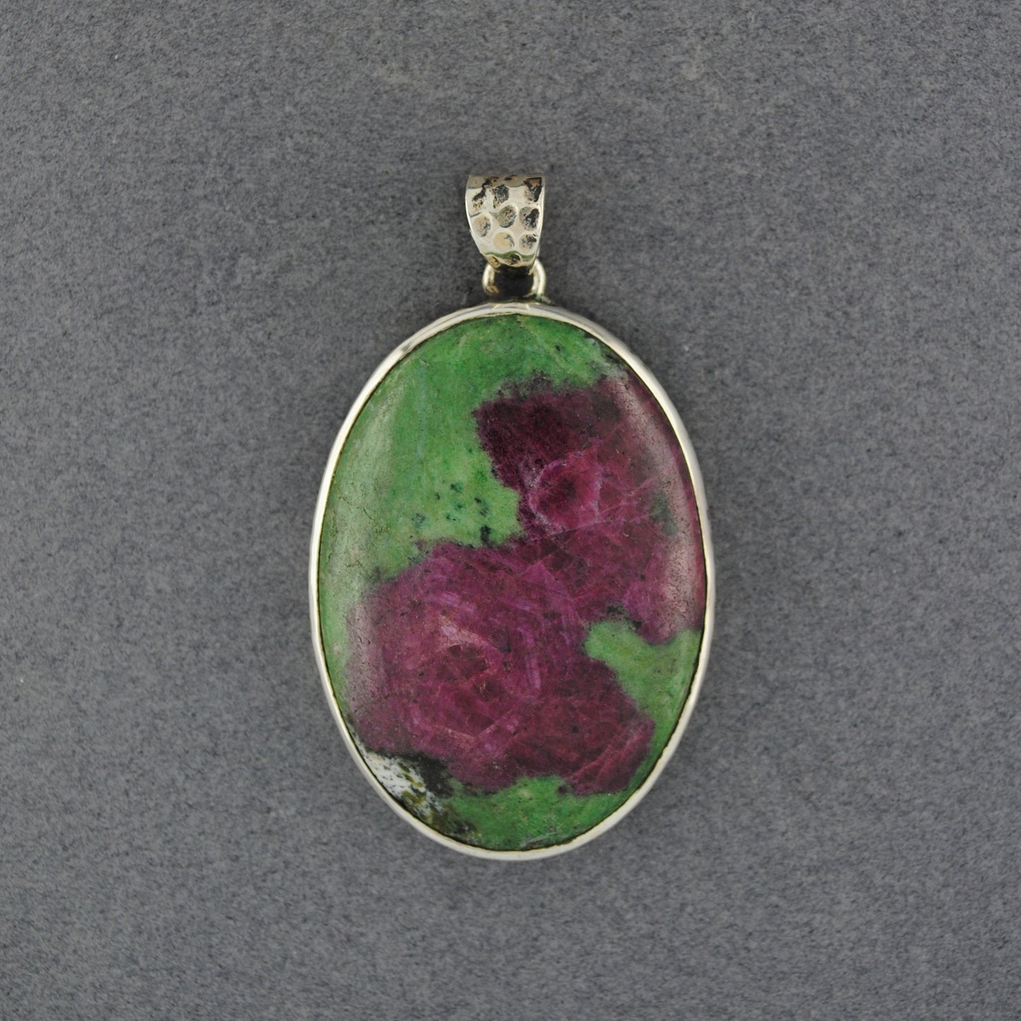 Sterling Silver Ruby Zoisite Hammered Oval Pendant