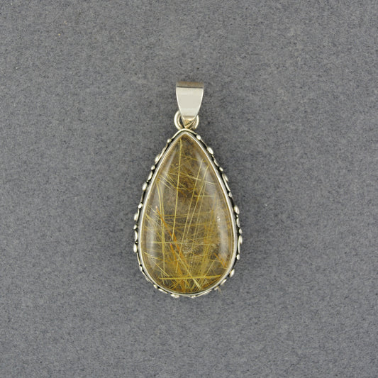 Sterling Silver Rutilatied Quartz Scroll Teardrop Pendant
