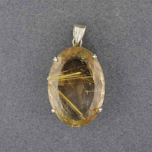 Sterling Silver Rutilatied Quartz Faceted Oval Pendant