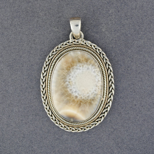 Sterling Silver Fossilized Coral Braided Oval Pendant
