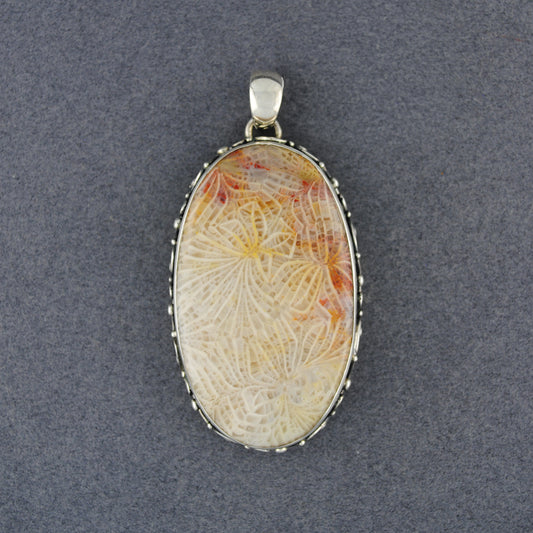 Sterling Silver Fossilized Coral Scroll Oval Pendant