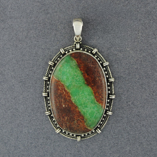 Sterling Silver Boulder Chrysoprase Antiqued Oval Pendant
