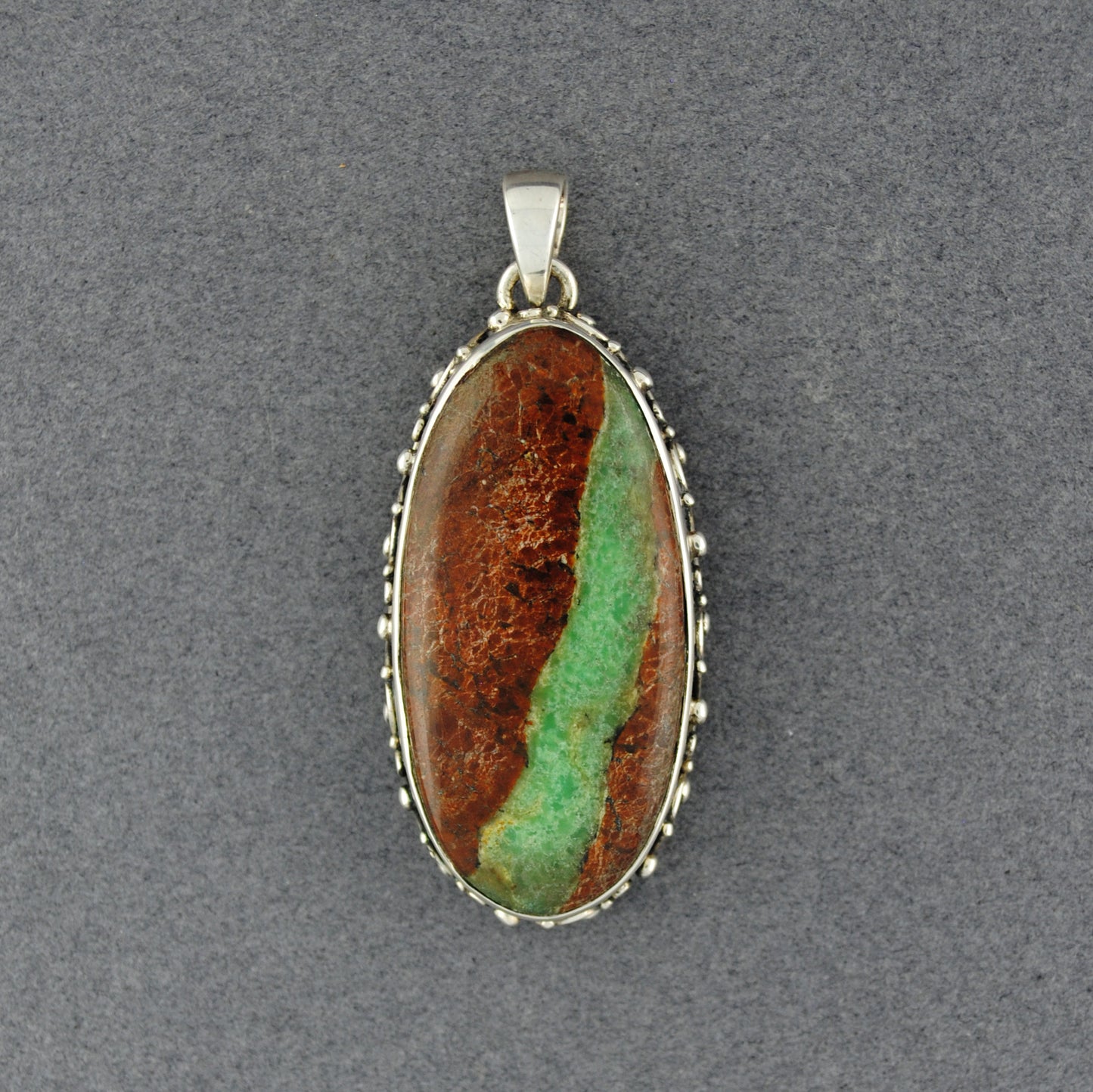Sterling Silver Boulder Chrysoprase Swirl Bezel Oval Pendant