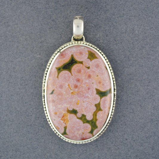 Sterling Silver Ocean Jasper Extra Large Beaded Oval Pendant