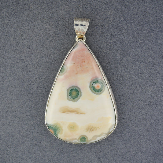 Sterling Silver Ocean Jasper Large Hammered Teardrop Pendant