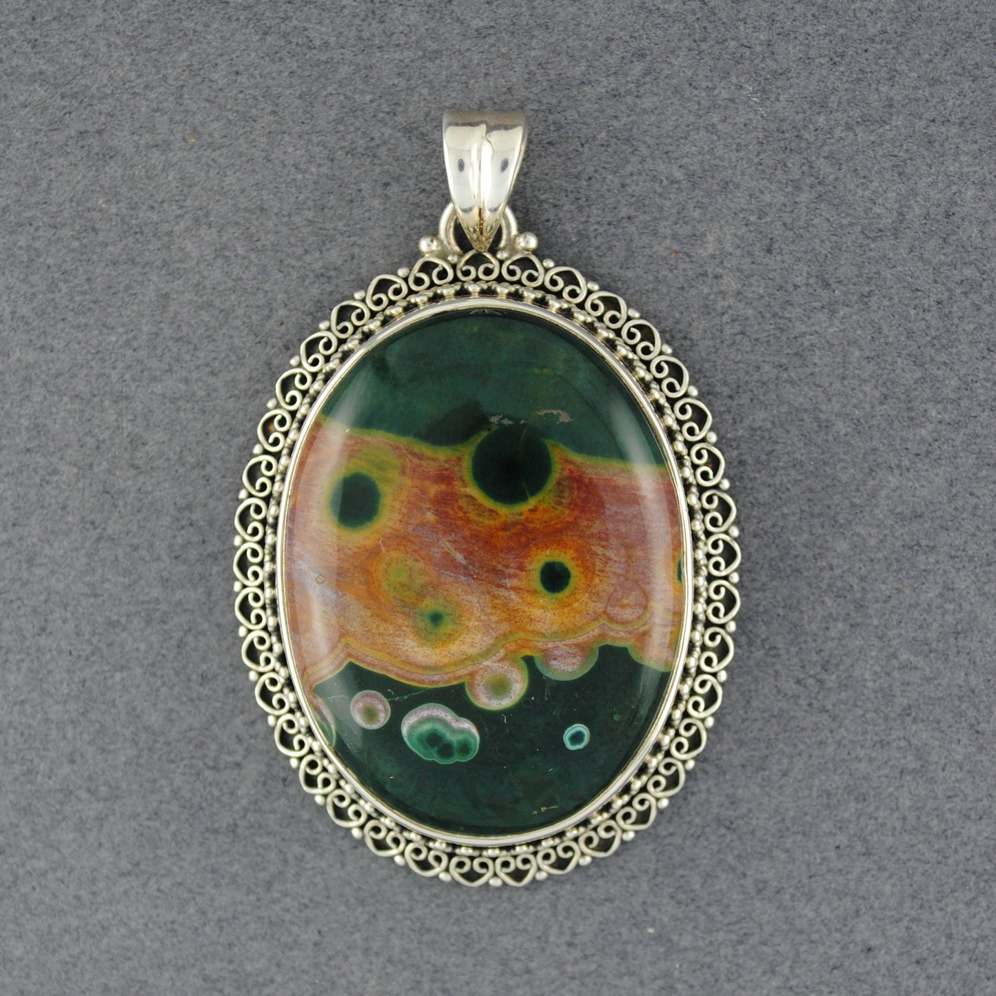 Sterling Silver Ocean Jasper Fancy Bezel Oval Pendant