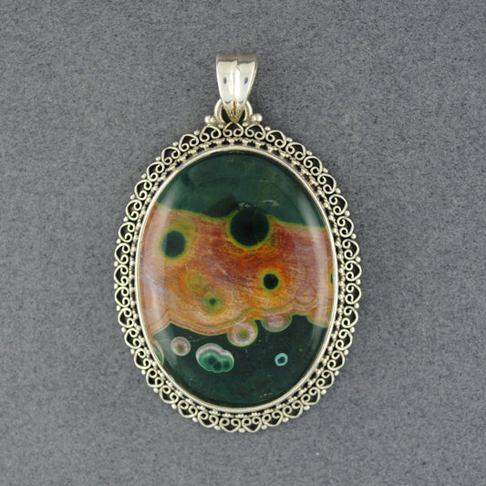 Sterling Silver Ocean Jasper Fancy Bezel Oval Pendant