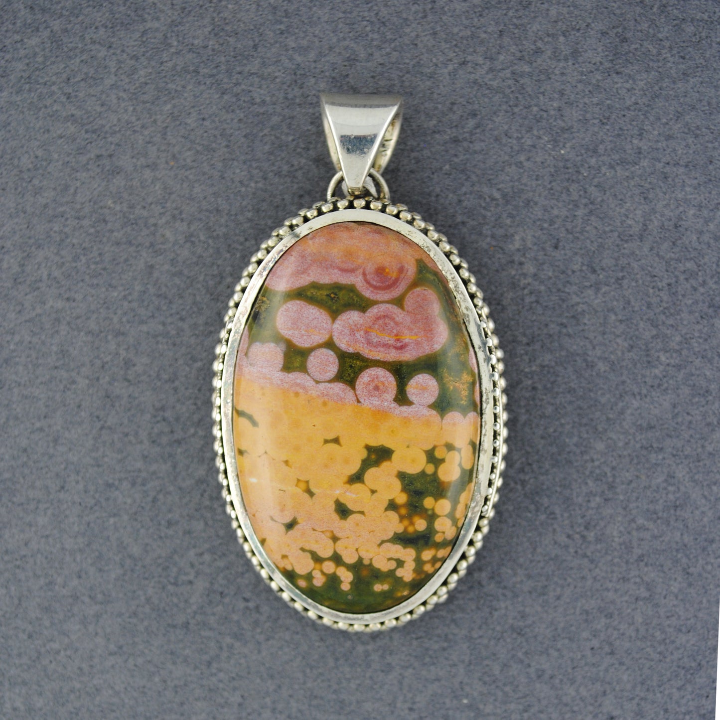 Sterling Silver Ocean Jasper Large Beaded Oval Pendant