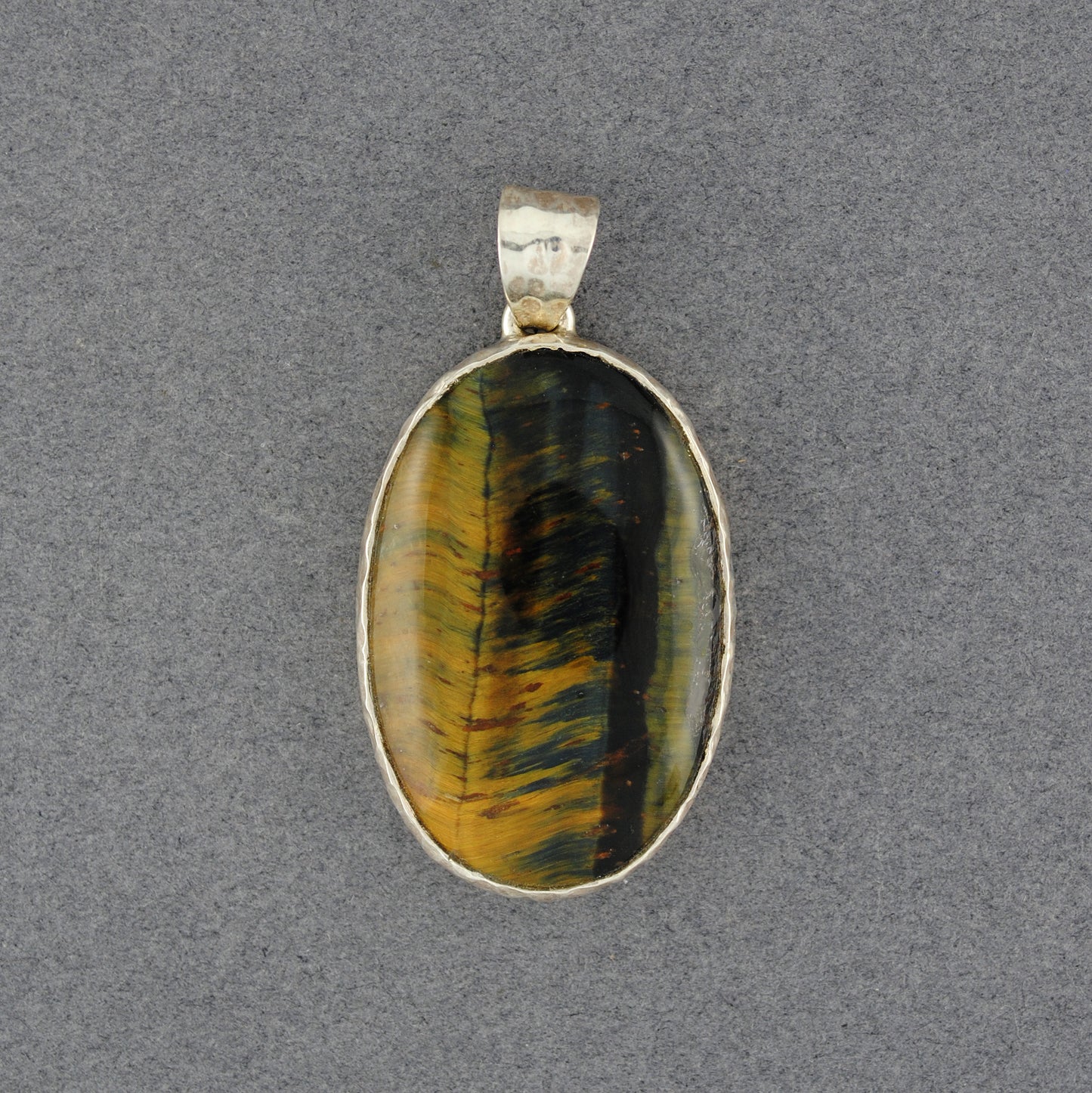 Sterling Silver Tiger Eye Hammered Large Oval Pendant