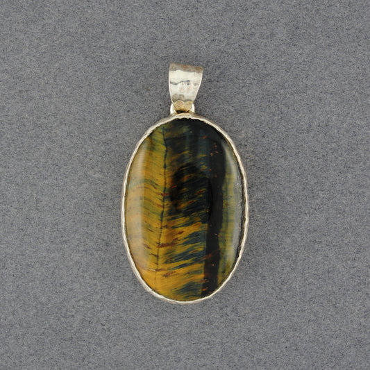 Sterling Silver Tiger Eye Hammered Large Oval Pendant